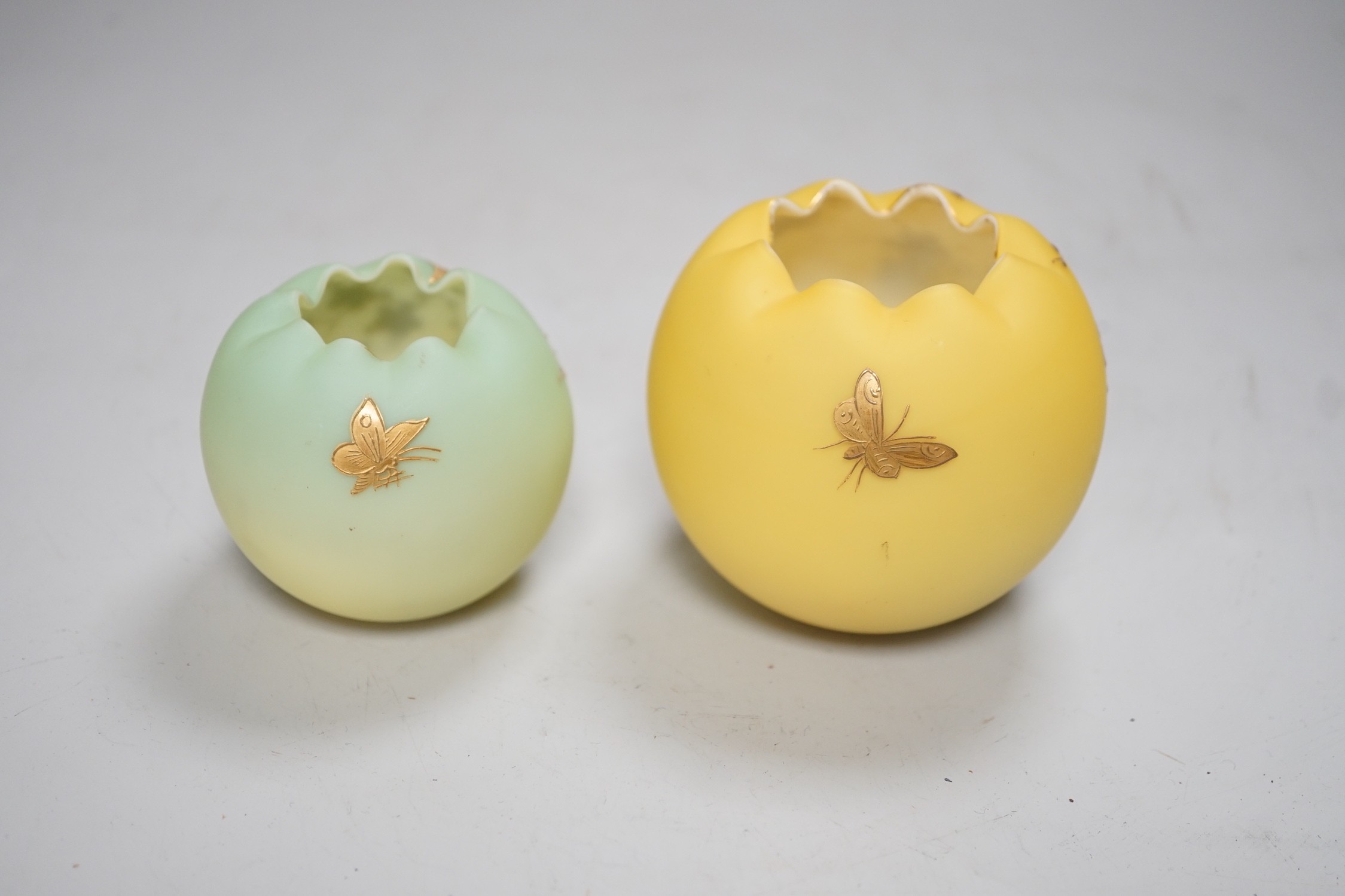 Webb's Burmese two glass vases gilded in the style of Jules Barbe. Tallest 8cm